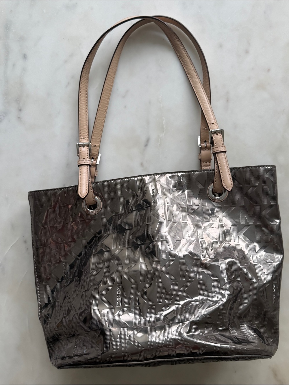 Michael Kors - Glossy Taupe Tote Bag with Blush Handles